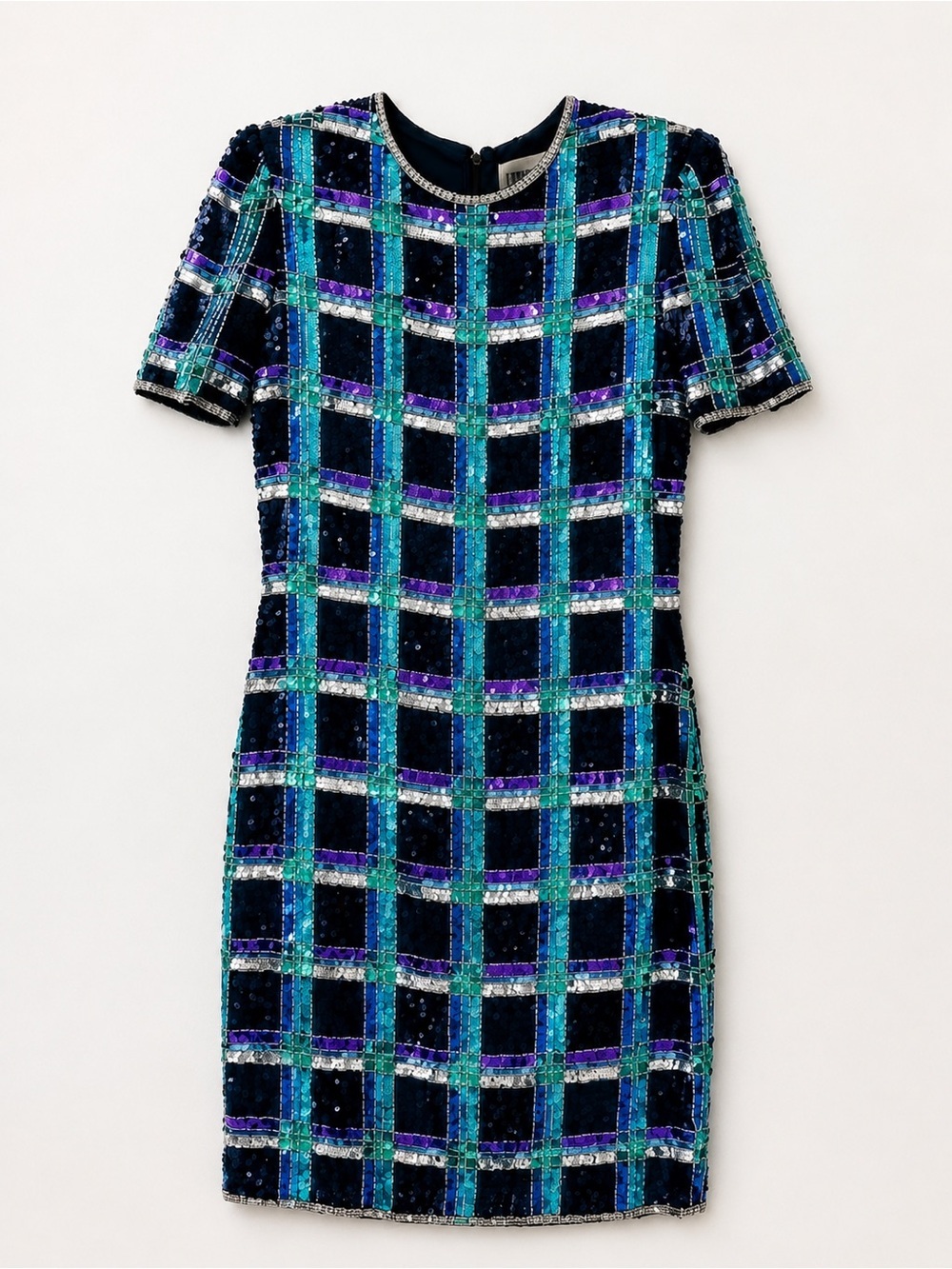 Leslie Fay Evenings Women’s Size 8 Sequin Plaid Sheath Dress Short Sleeve Party